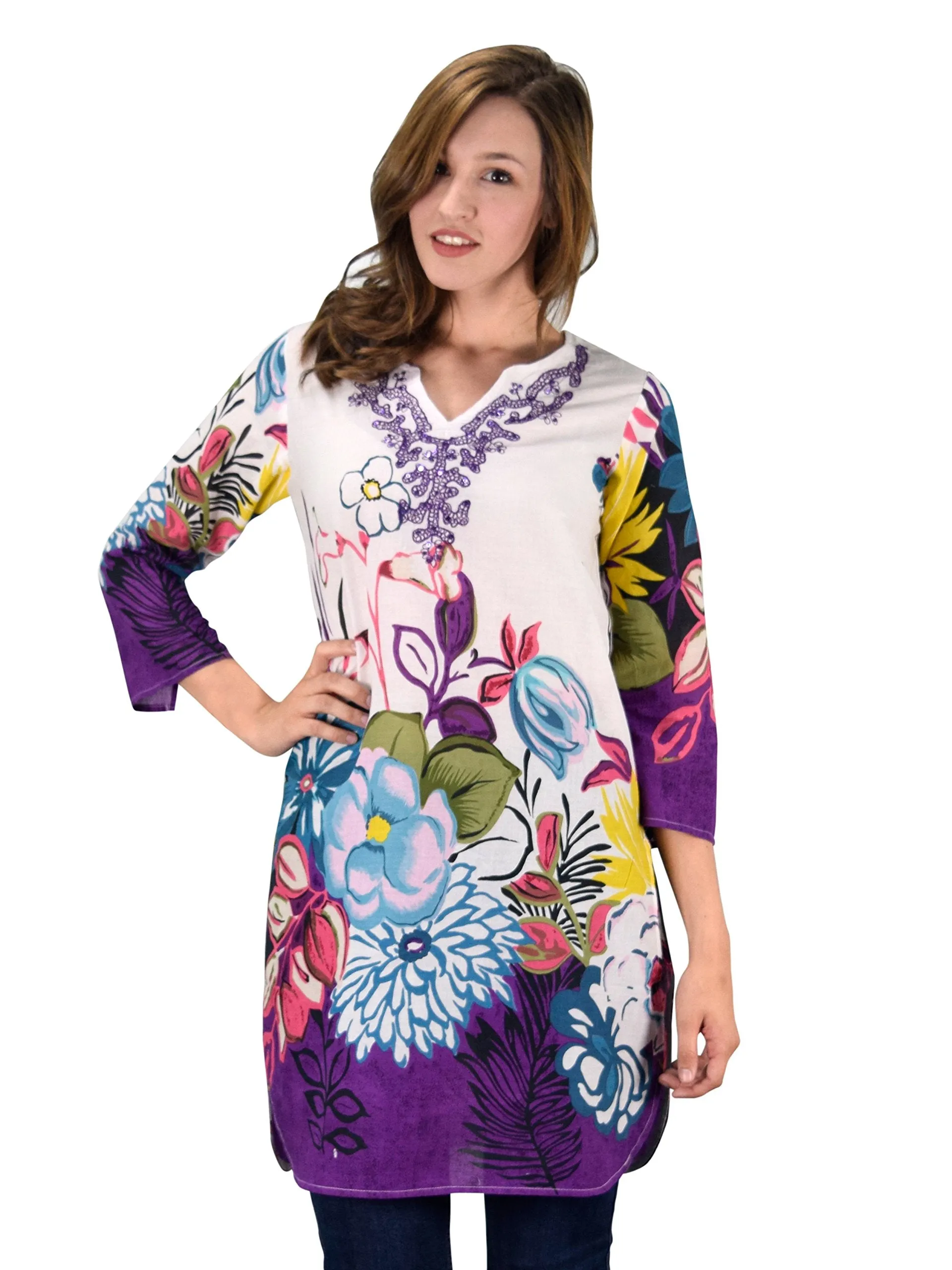 100% Cotton Bohemian Floral Summer Tunics Beach Cover Ups