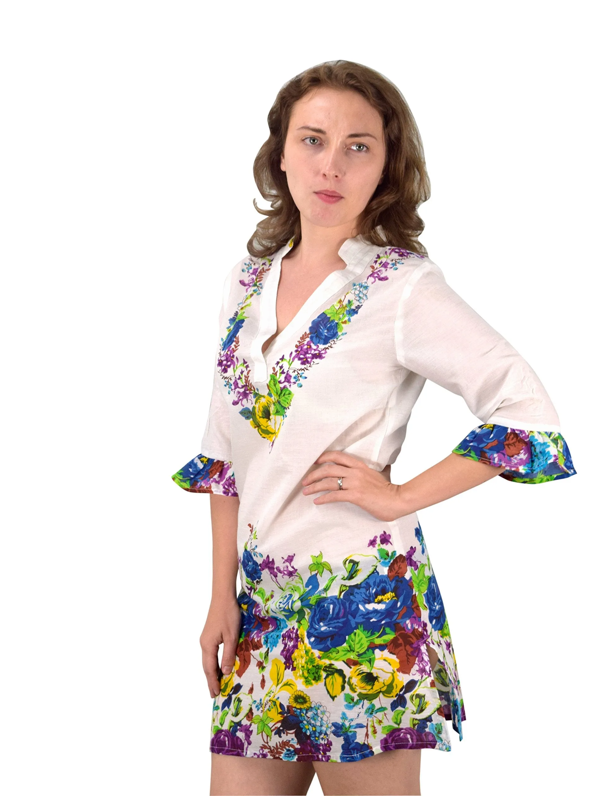 100% Cotton Bohemian Floral Summer Tunics Beach Cover Ups