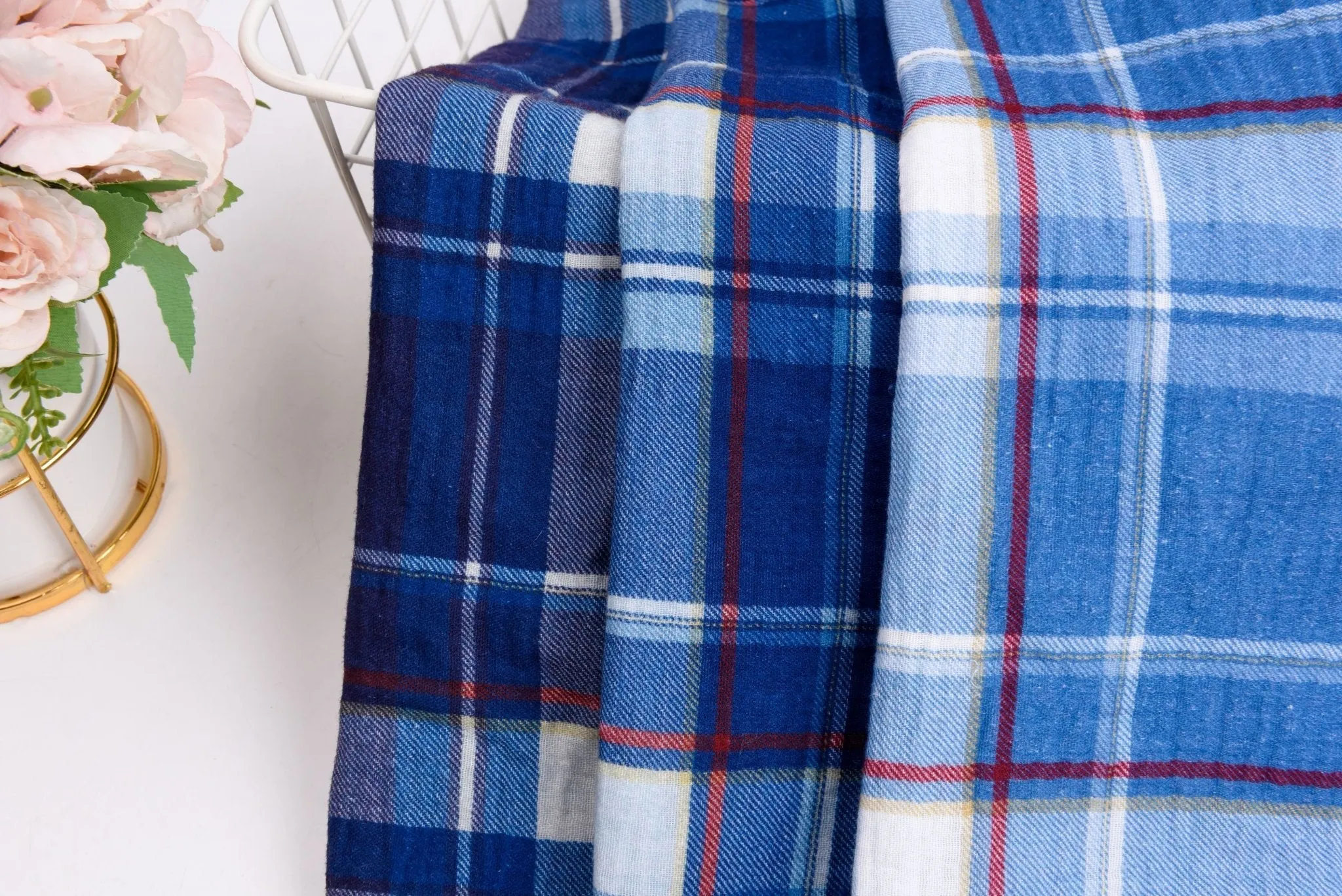 100% Cotton Double Gauze Classic Denim Plaid Print Fabric