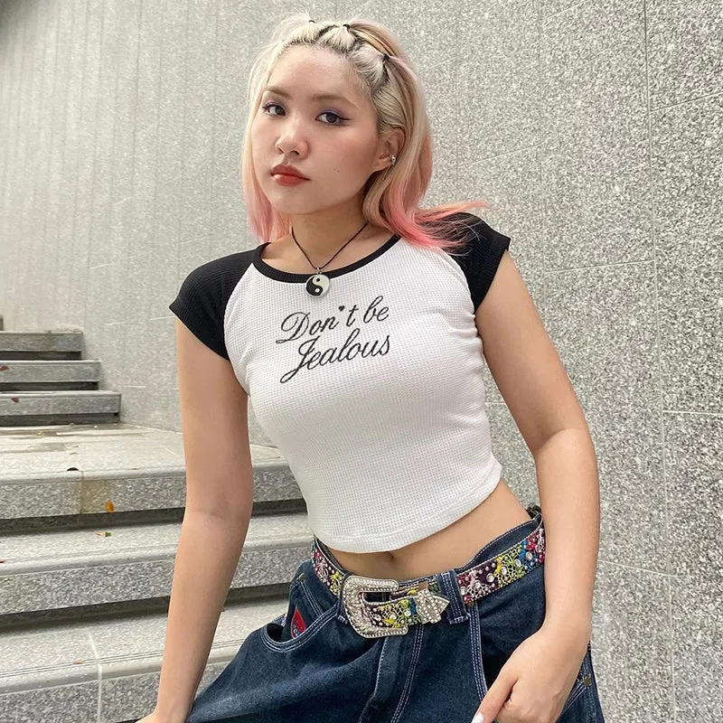 11545 O Neck Rhinestone Print Short Sleeve High Waist Crop Top 2023 New Women T Shirt Casual American Spring Summer Clothing