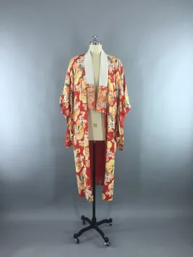 1920s Vintage Silk Kimono Robe Juban with Orange and Yellow Floral Novelty Print