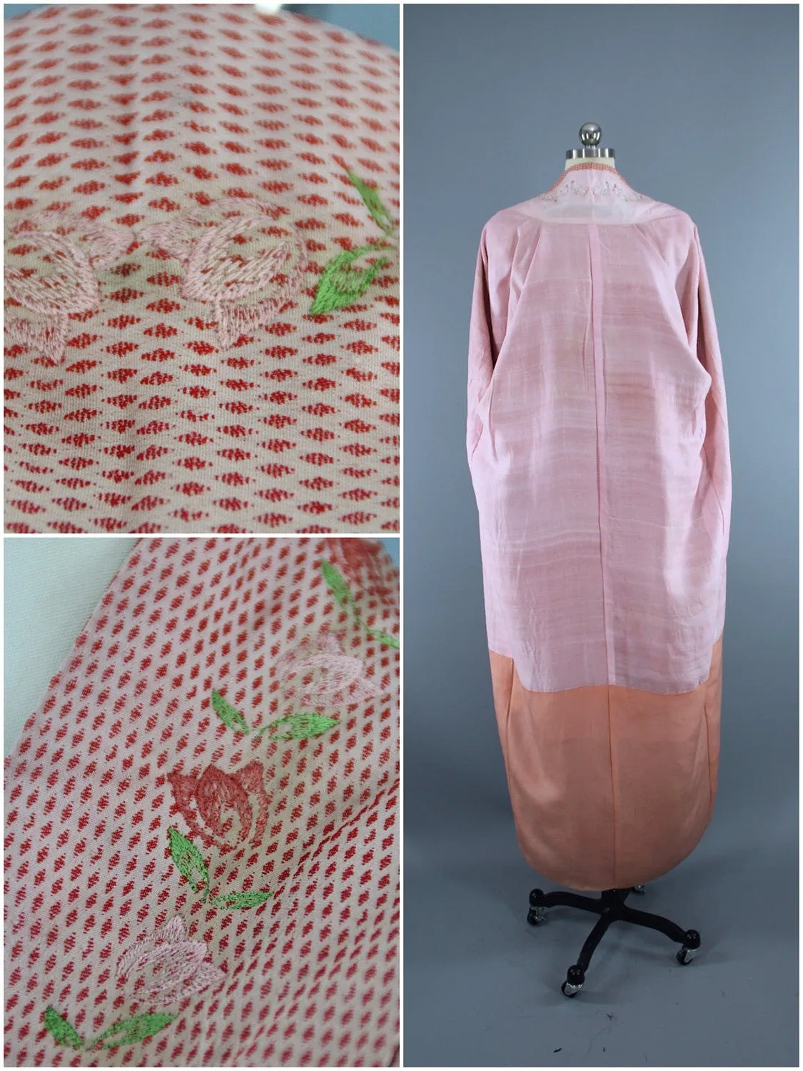 1950s Vintage Silk Kimono Robe  / Tulips Floral Embroidery / Salmon Pink