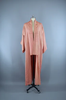 1950s Vintage Silk Kimono Robe  / Tulips Floral Embroidery / Salmon Pink