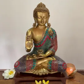 20 Inches Lord Buddha Brass Idol With Stonework