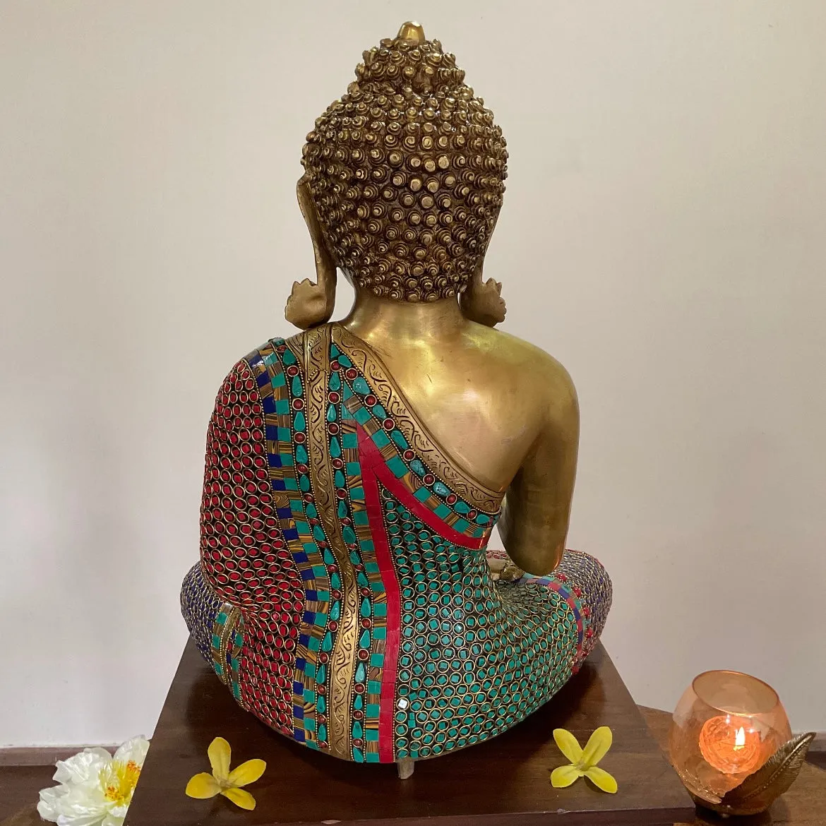 20 Inches Lord Buddha Brass Idol With Stonework