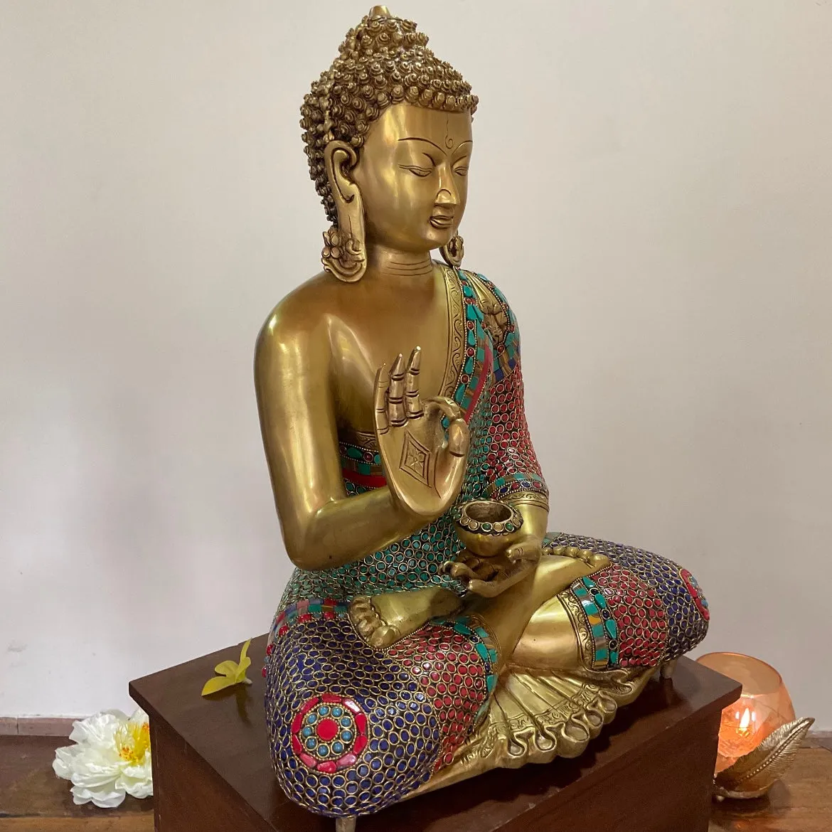 20 Inches Lord Buddha Brass Idol With Stonework