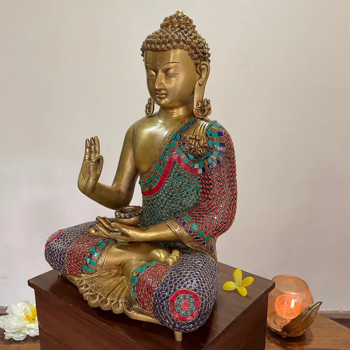 20 Inches Lord Buddha Brass Idol With Stonework