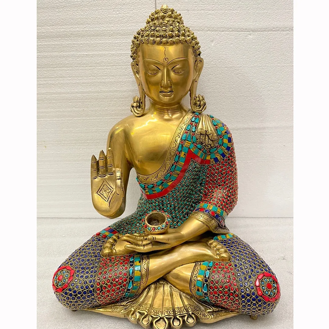 20 Inches Lord Buddha Brass Idol With Stonework