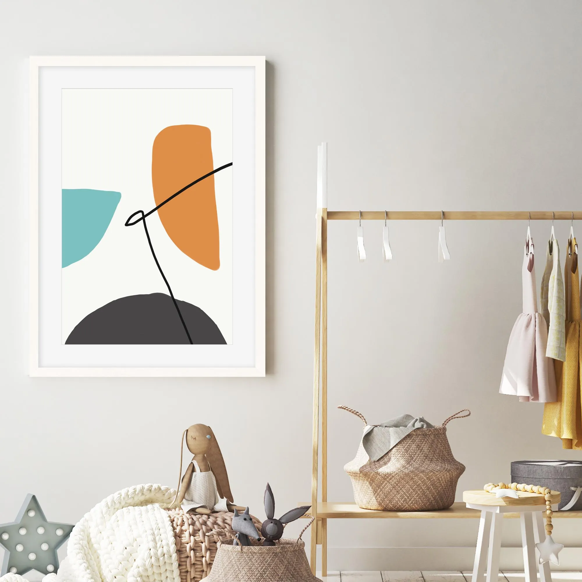 Abstract Line Orange Teal Grey Framed Art