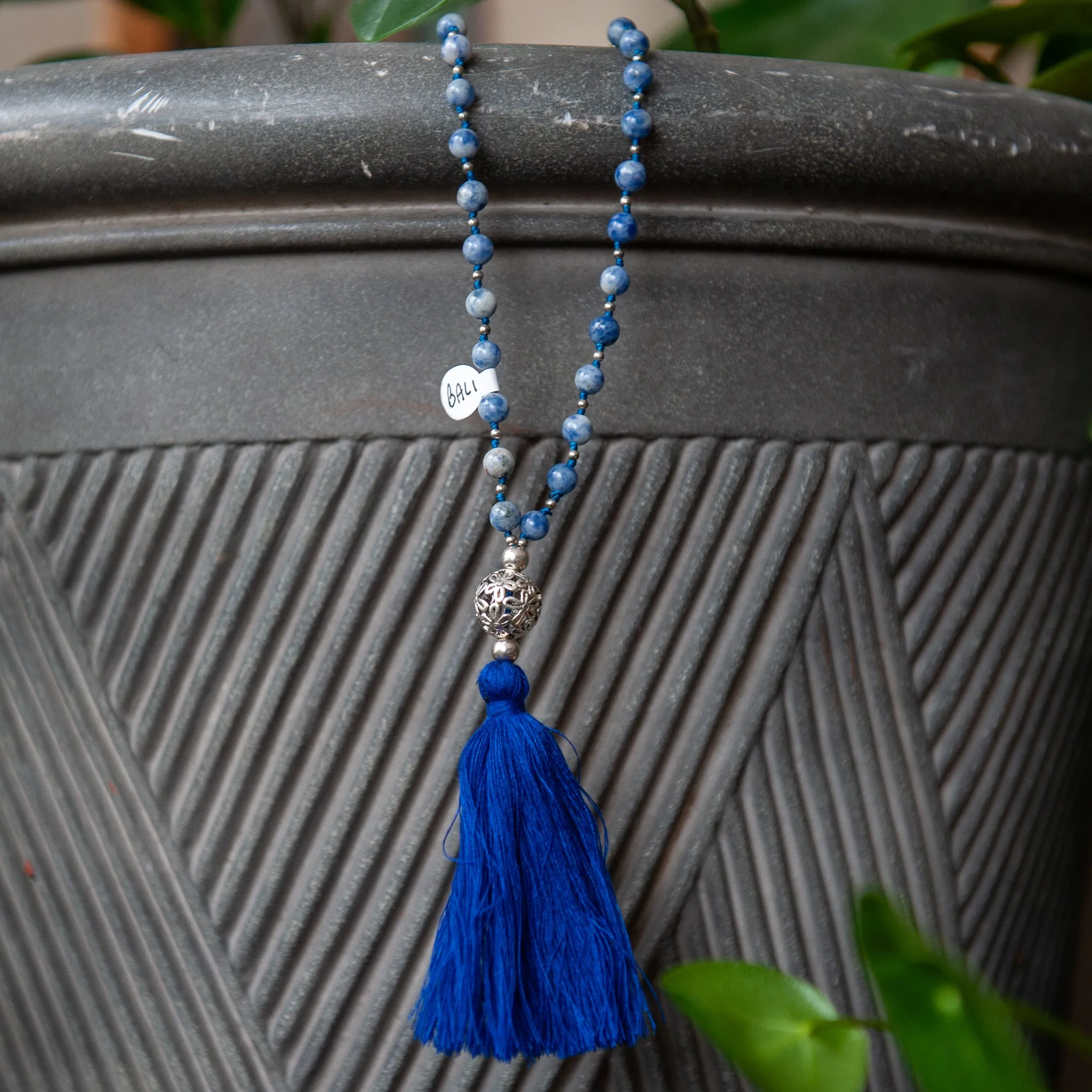 Bali Mala Bead Necklace w/Tassel (8mm)- Sodalite