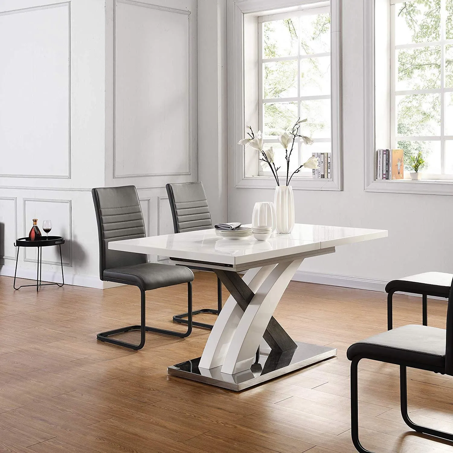 BASEL High Gloss White Extendable Dining Table 6 to 8-Seater with Stainless Steel Base