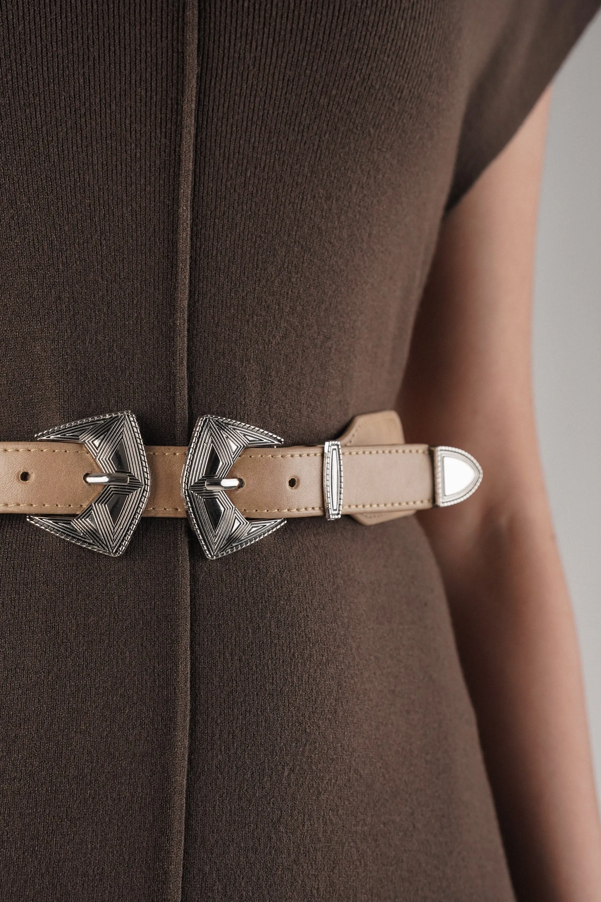 Beige Double Buckle Elastic Belt