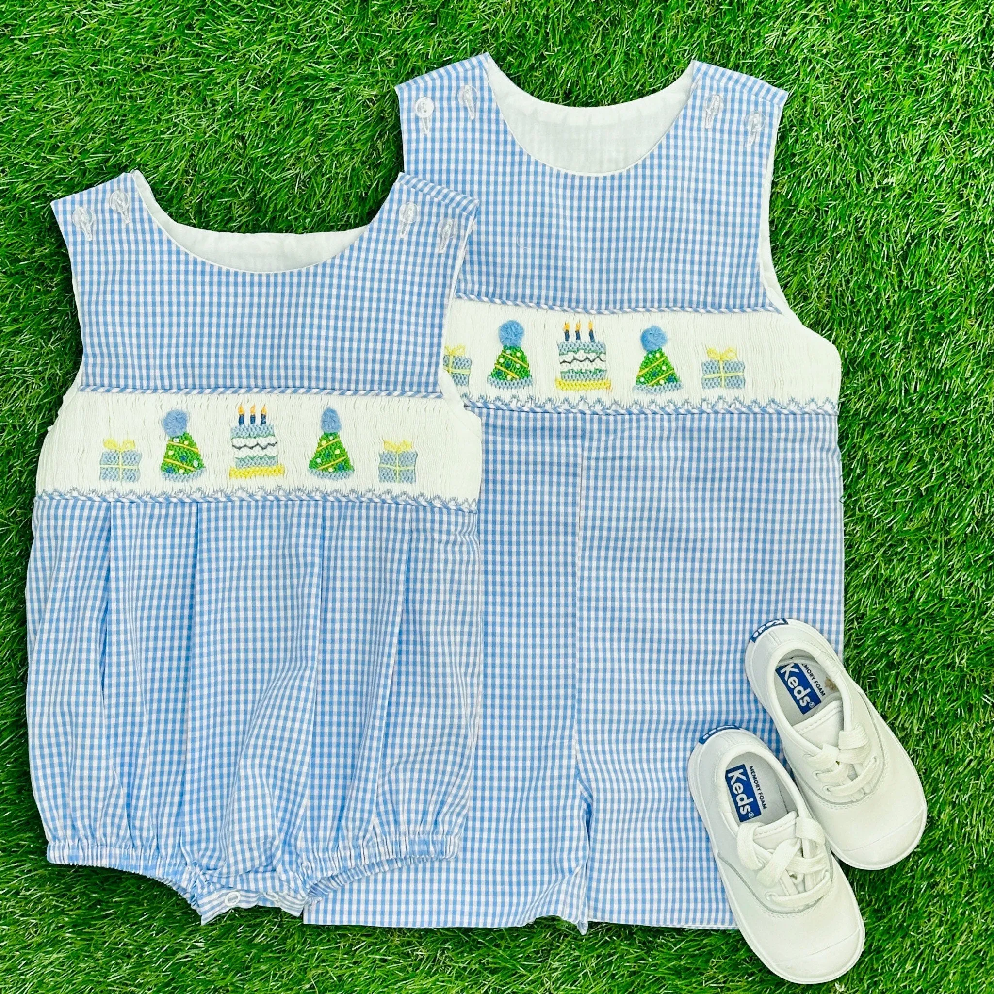 Birthday Boy Smocked Bubble in Light Blue Gingham