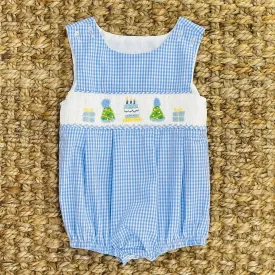 Birthday Boy Smocked Bubble in Light Blue Gingham