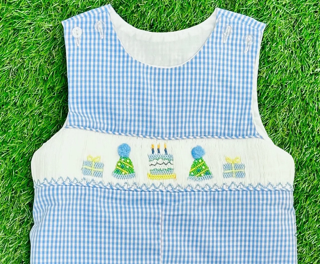 Birthday Boy Smocked Bubble in Light Blue Gingham