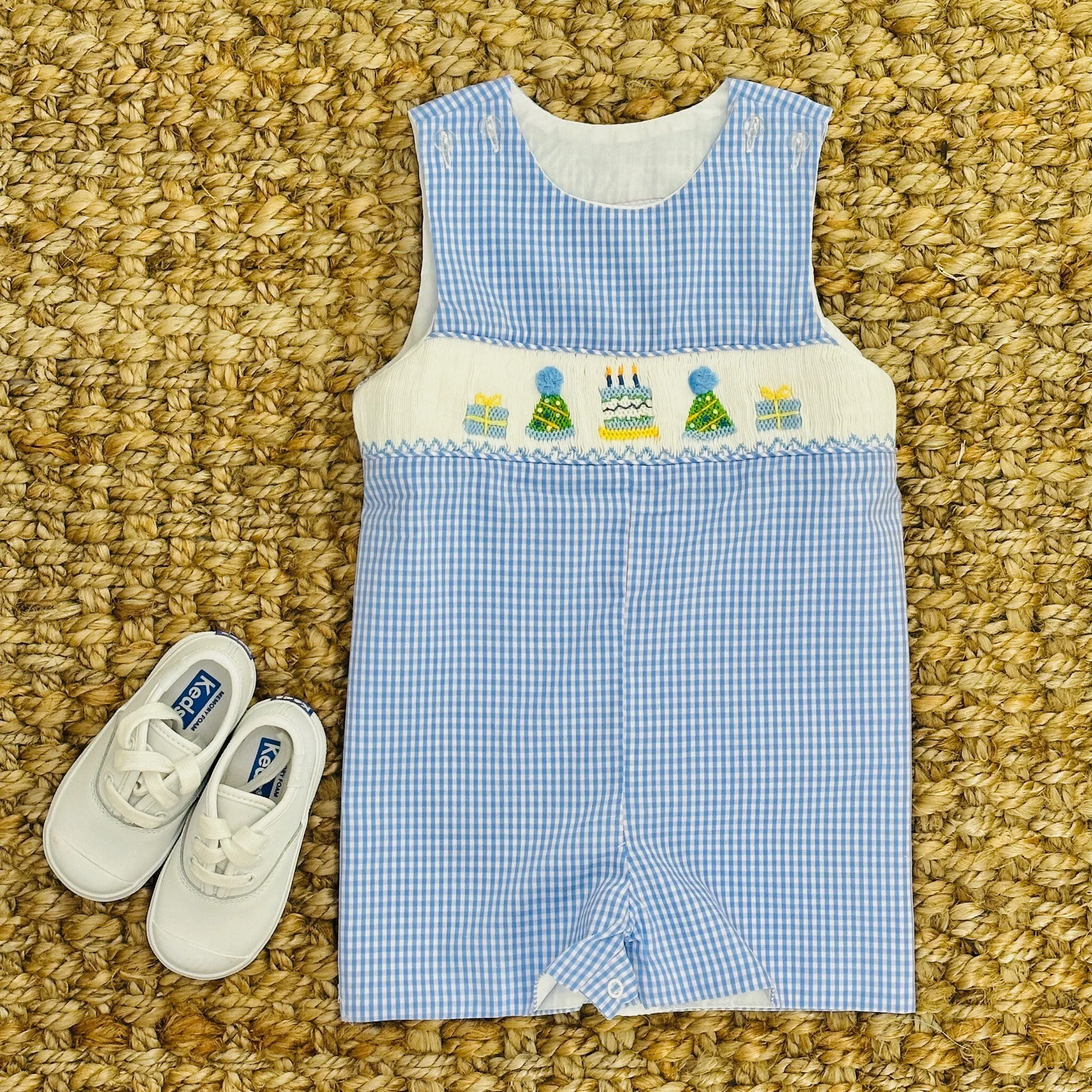 Birthday Boy Smocked Shortall in Light Blue Gingham