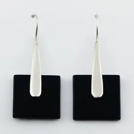 Black Agate Square Disc Sterling Silver Earrings