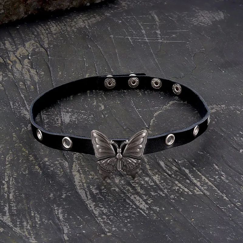 Black Butterfly Design Alloy Leather Choker Necklace