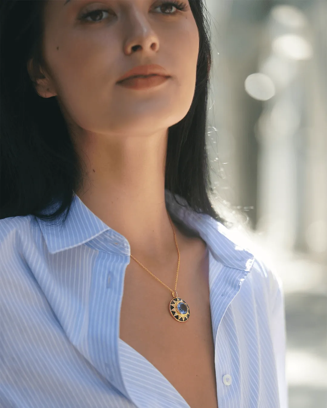 Black Enamel Sun Pendant Necklace