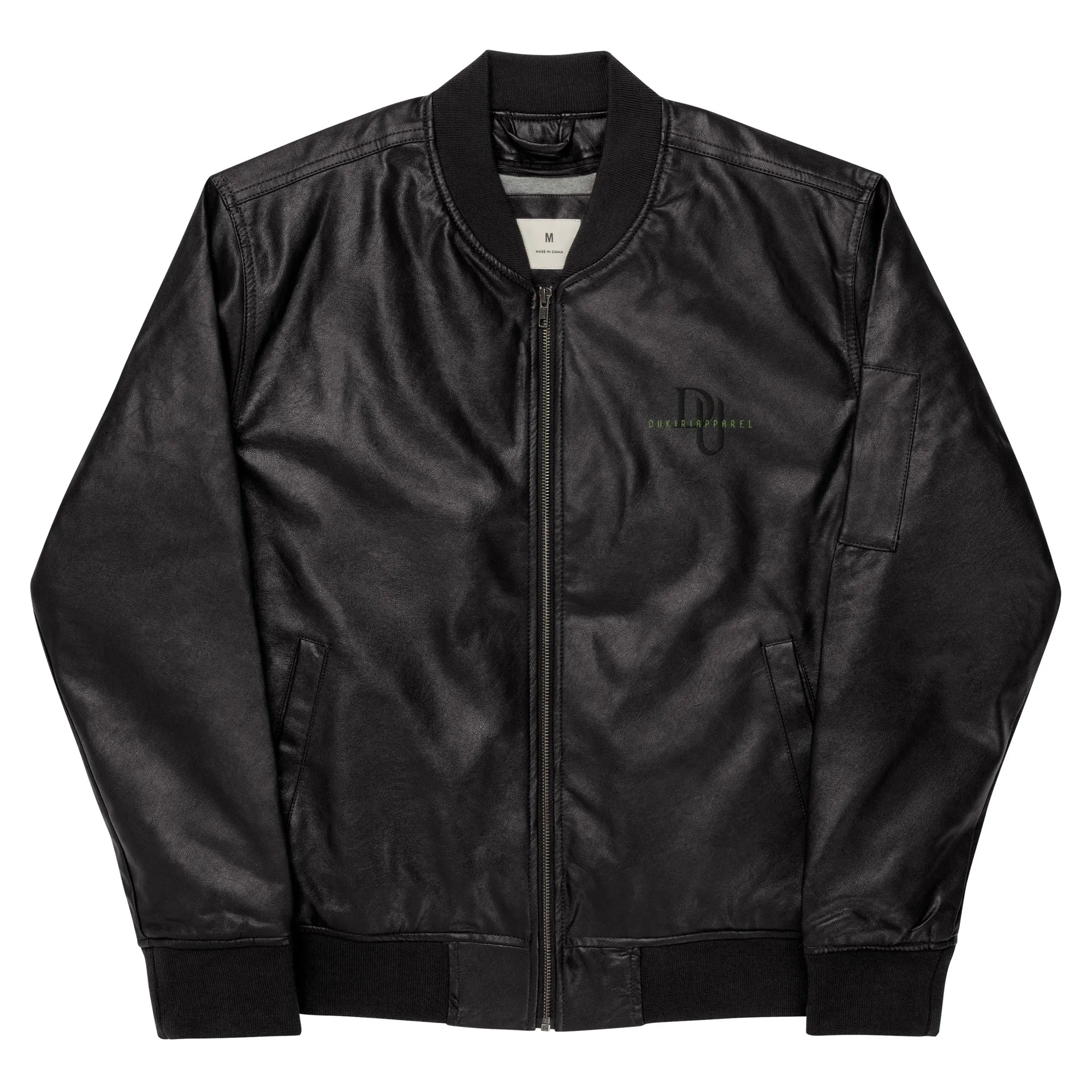 Black Leather Bomber Jacket-Embroidered Orange G&R Print