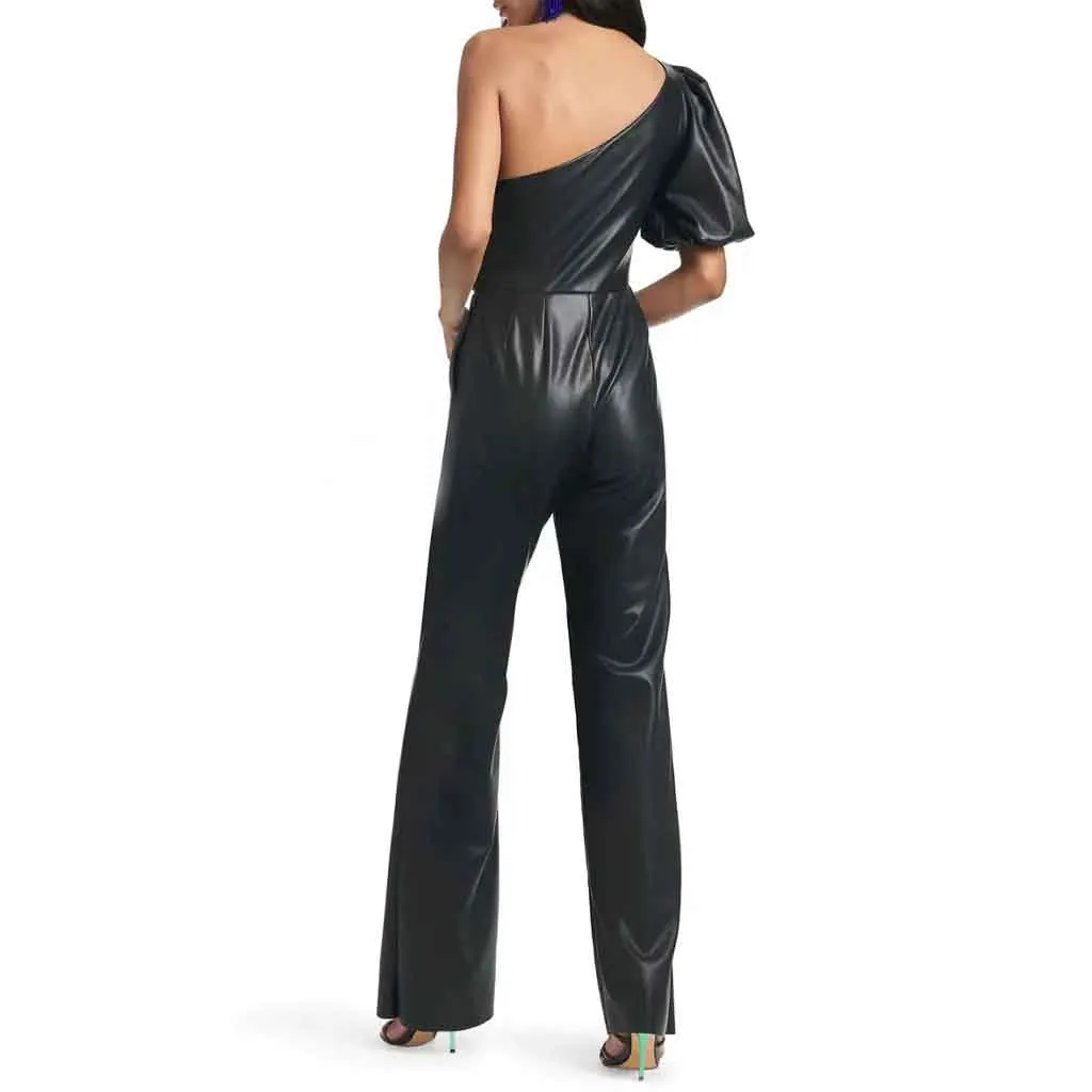 Black One Shoulder Flared Leather Jumpsuit for Women