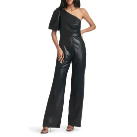 Black One Shoulder Flared Leather Jumpsuit for Women