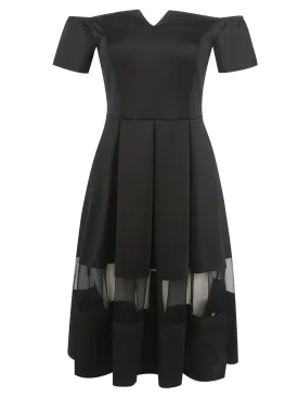 Black Sheer-Insert Notched Off-Shoulder Dress