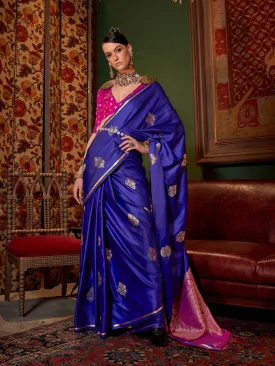 Blue Pure Satin Handloom Weaving Silk Saree