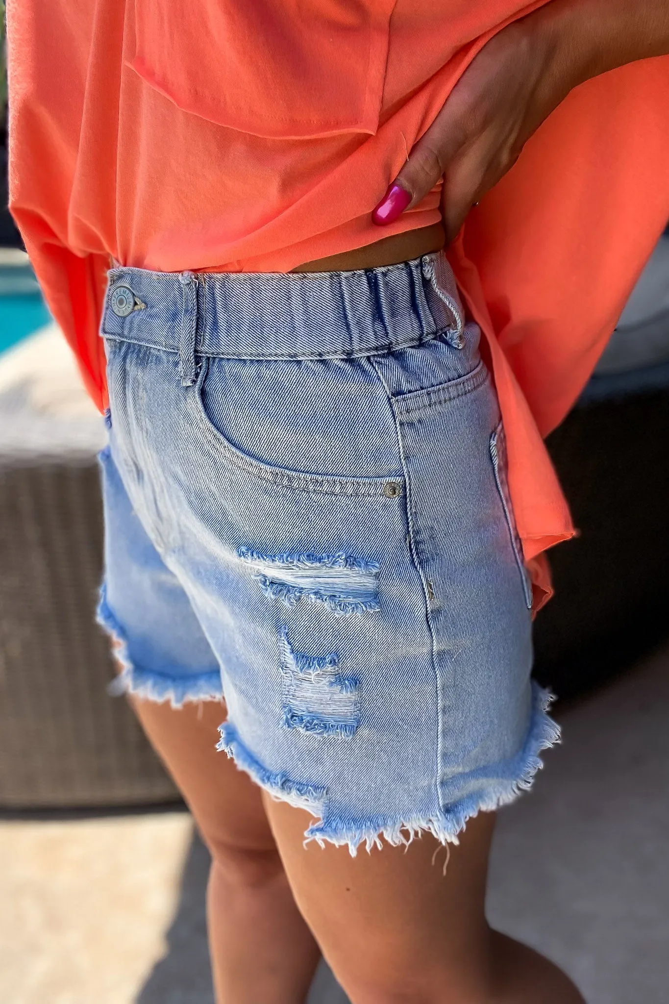 Bold Basics Distressed Light Blue Denim Shorts