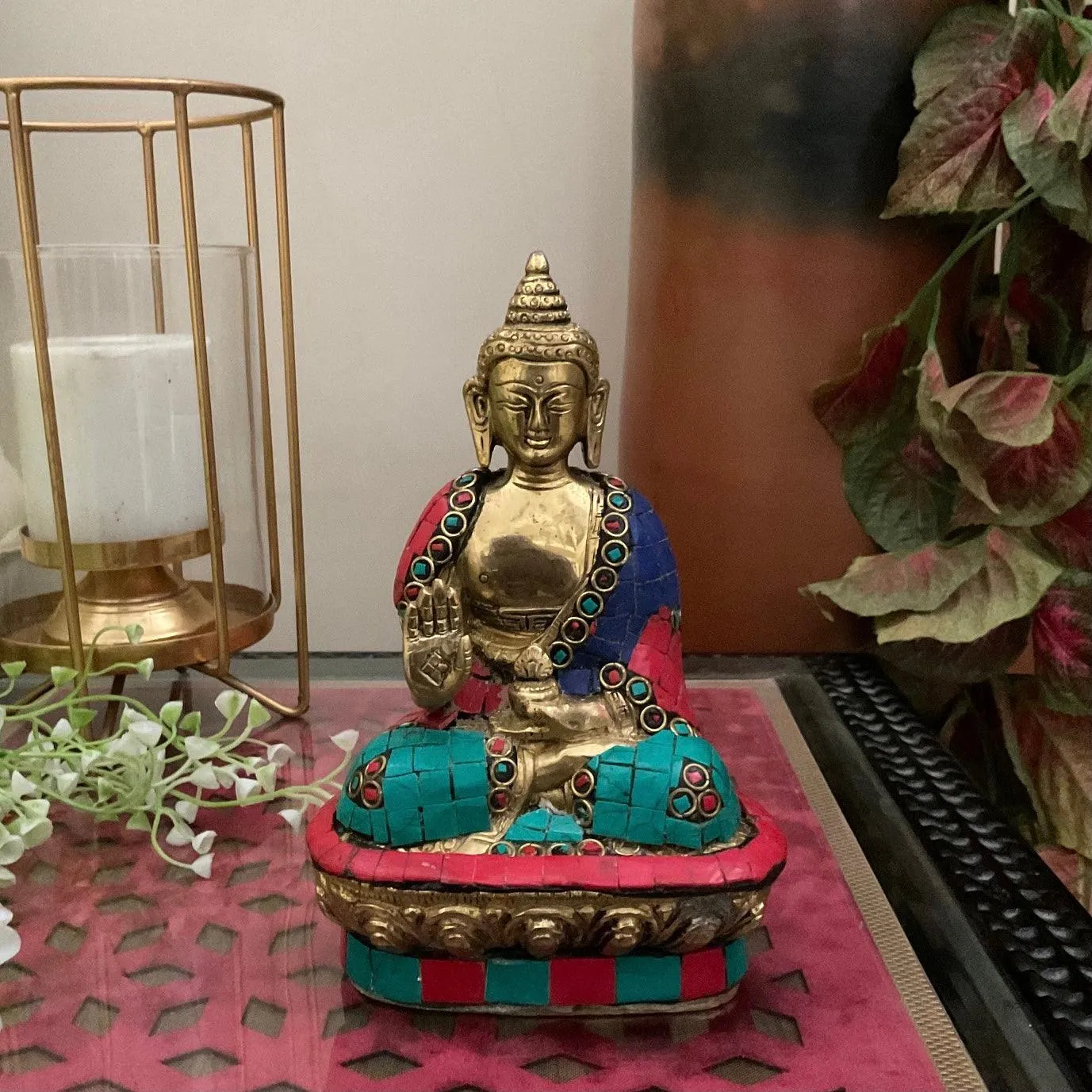 Buddha Statue 7inch - Brass Stonework Art - Religious - Decorative