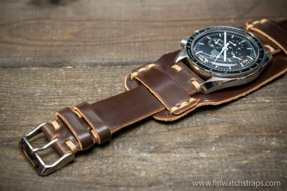 Bund-style Shell Cordovan watch strap, Aviator model. Handmade in Finland, 10-26 mm.