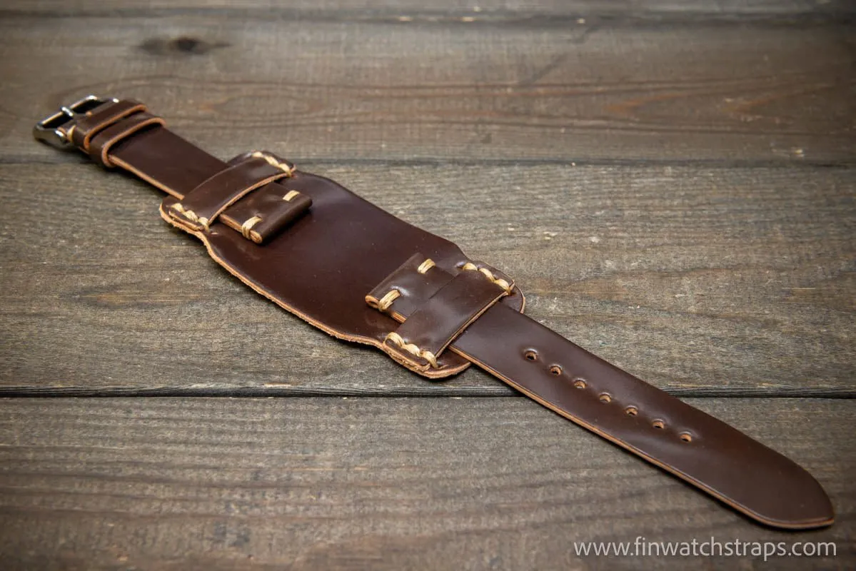 Bund-style Shell Cordovan watch strap, Aviator model. Handmade in Finland, 10-26 mm.