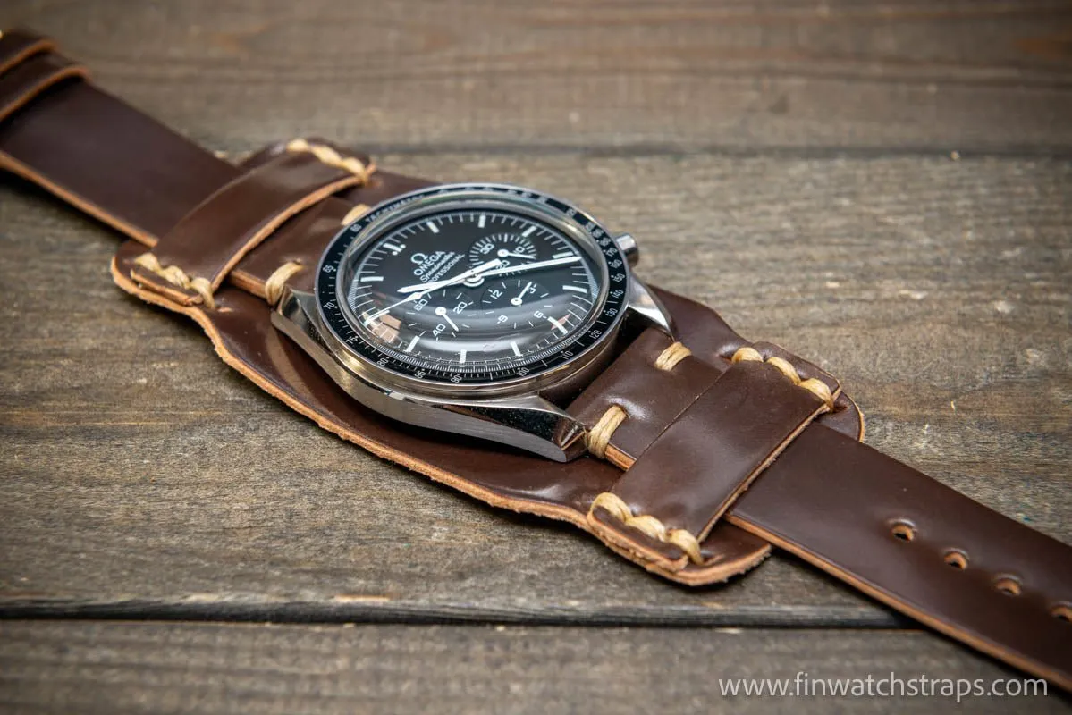 Bund-style Shell Cordovan watch strap, Aviator model. Handmade in Finland, 10-26 mm.