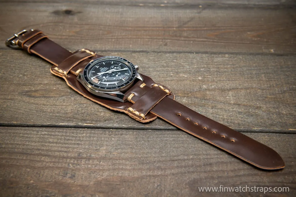 Bund-style Shell Cordovan watch strap, Aviator model. Handmade in Finland, 10-26 mm.