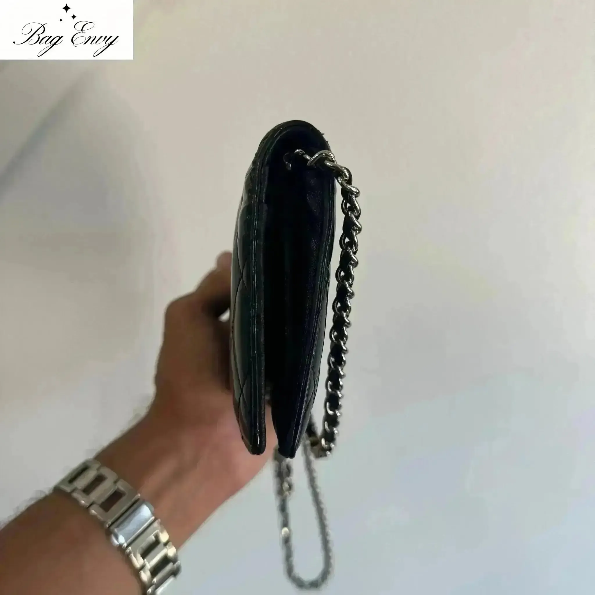 CHANEL Patent Leather Bifold Wallet with Chain