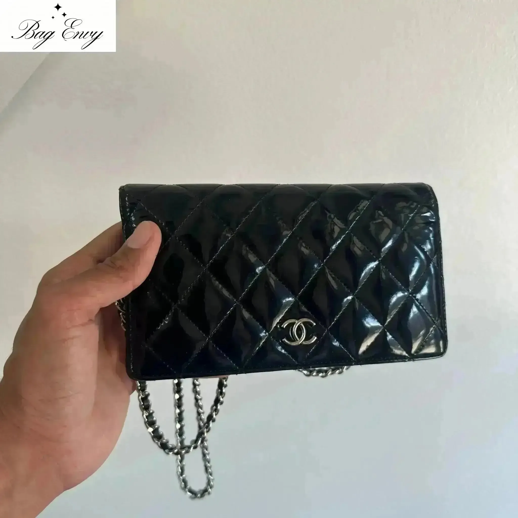 CHANEL Patent Leather Bifold Wallet with Chain