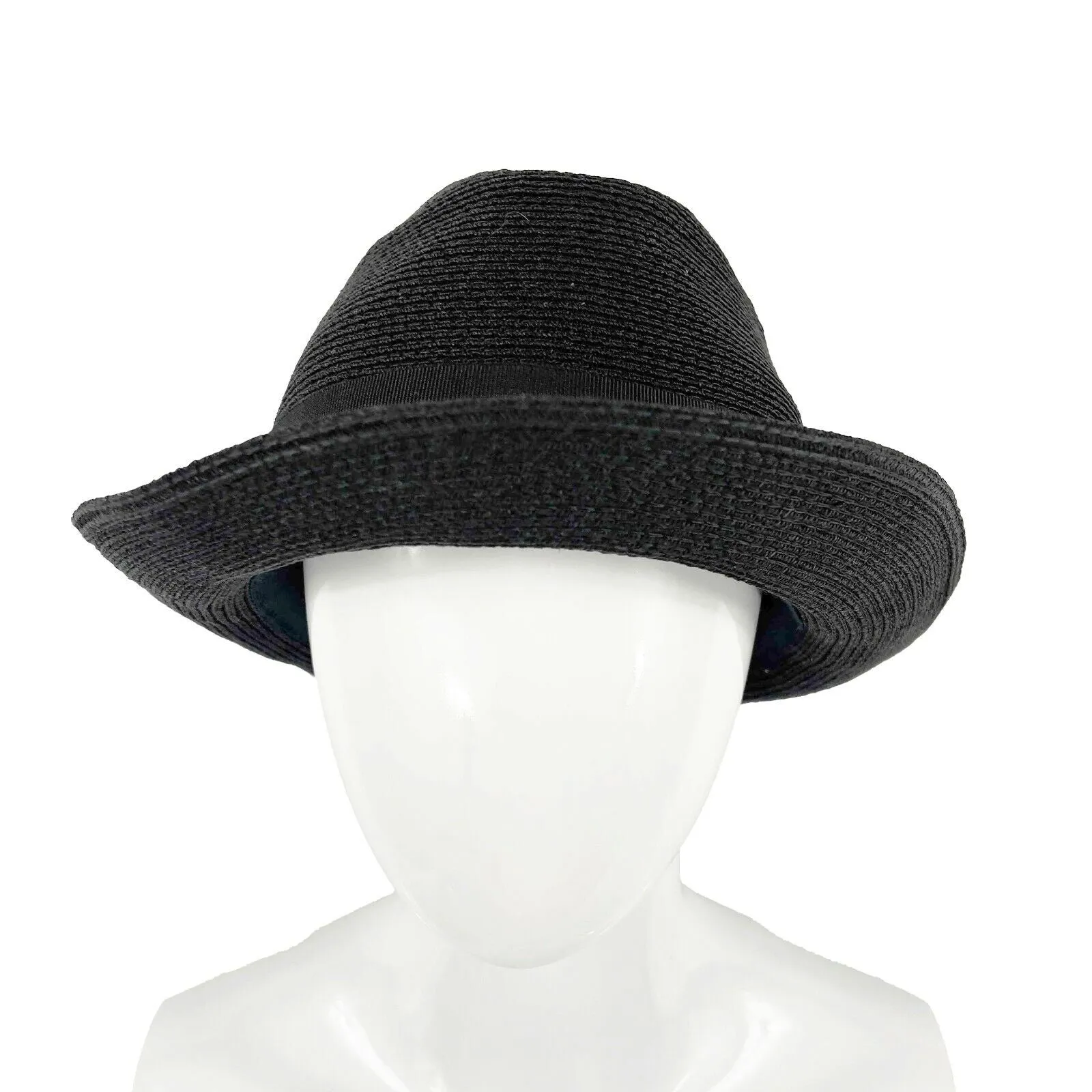 CHANEL - Straw Woven Panama Fedora - Black Hat - Grosgrain Ribbon - Size L