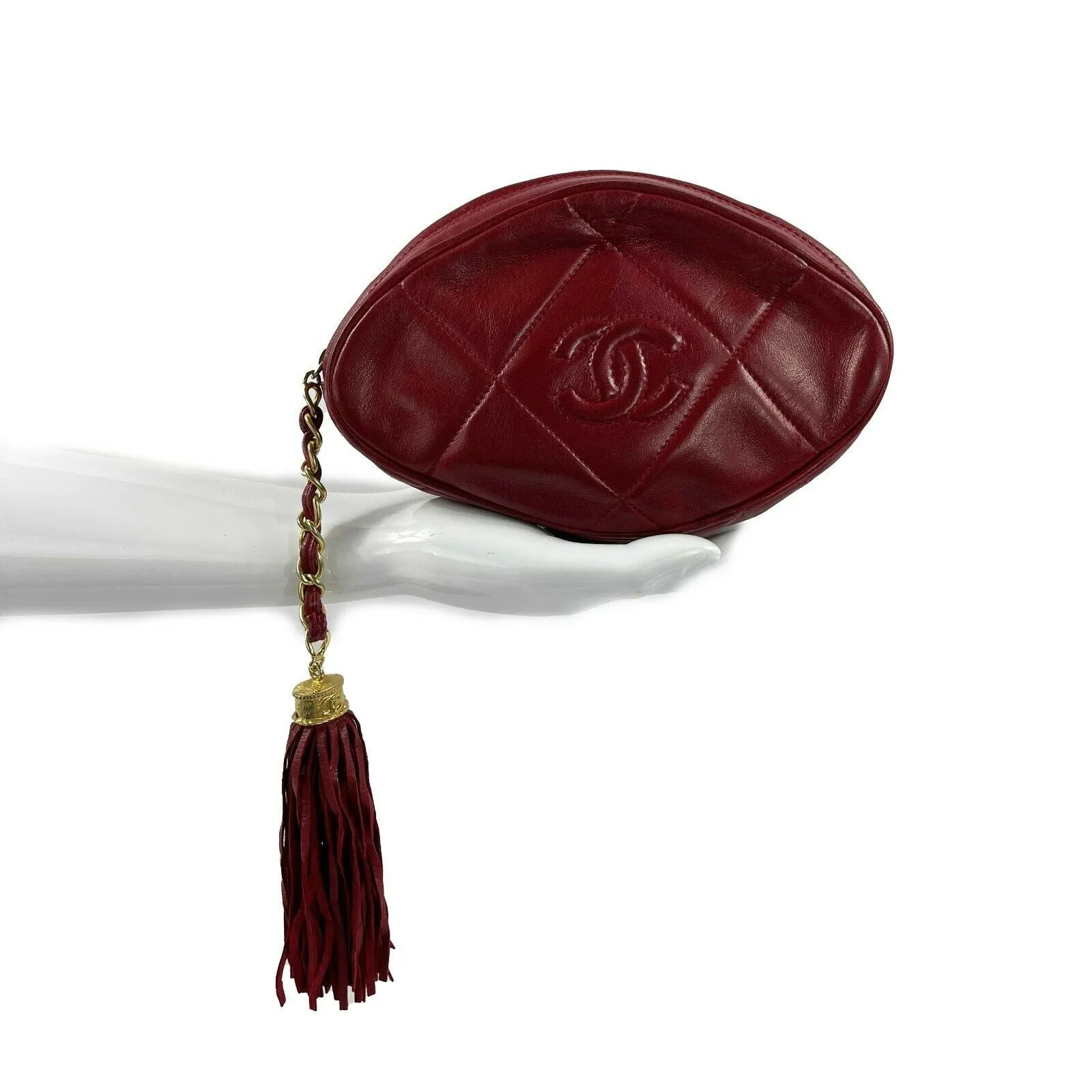 CHANEL - Vintage Quilted Leather CC Oval Red / Gold Tassel Clutch