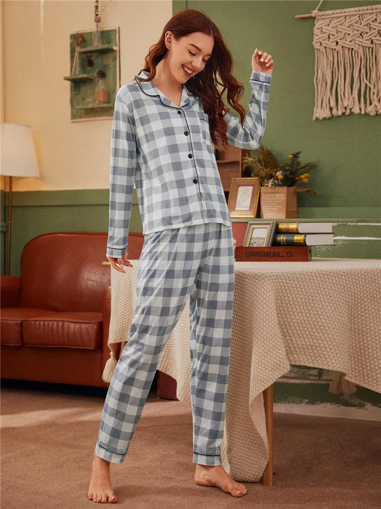 Checkered Pajama Set with Long Sleeve Shirt and Pants