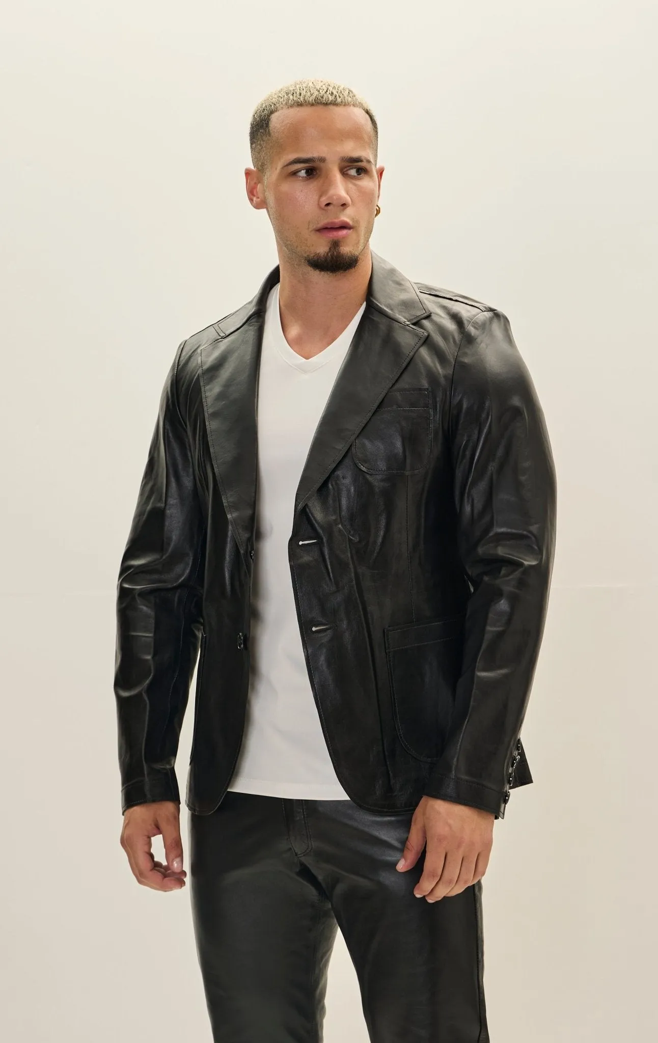 Classic Two-Button Leather Blazer - Black