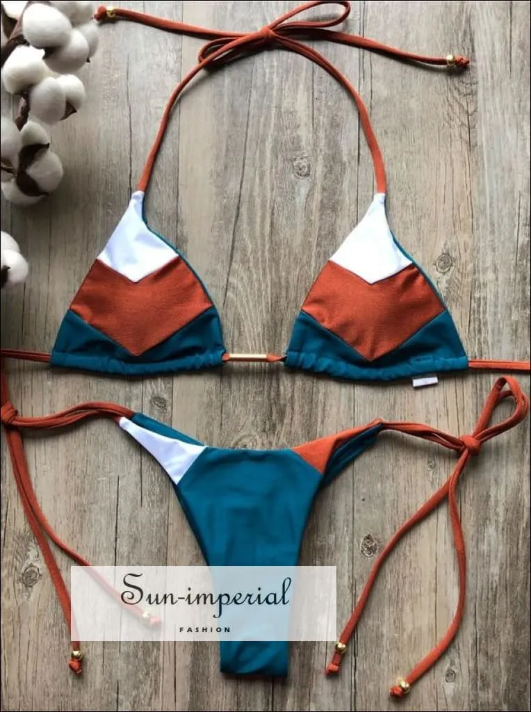 Color Block Navy White Brown Blue Bikini Set Women’s Swimming Suit Halter Drawstring Bathing Suit