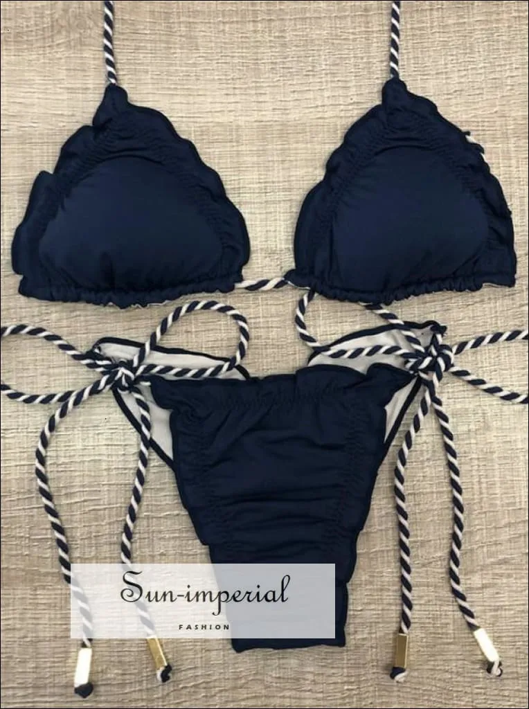 Color Block Navy White Brown Blue Bikini Set Women’s Swimming Suit Halter Drawstring Bathing Suit