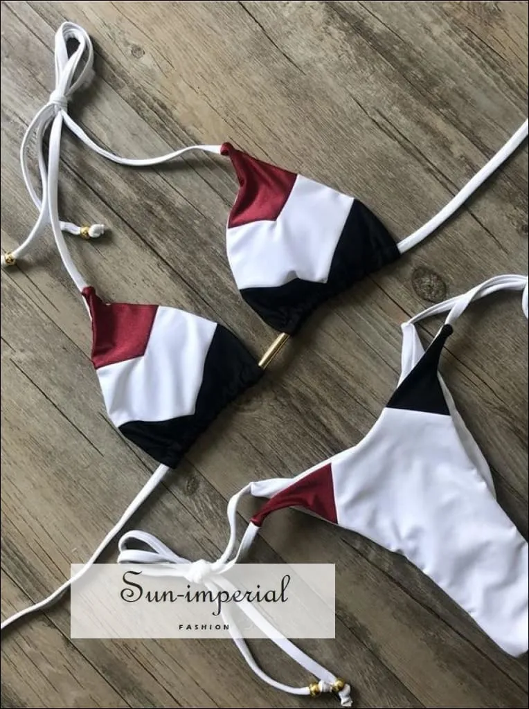 Color Block Navy White Brown Blue Bikini Set Women’s Swimming Suit Halter Drawstring Bathing Suit