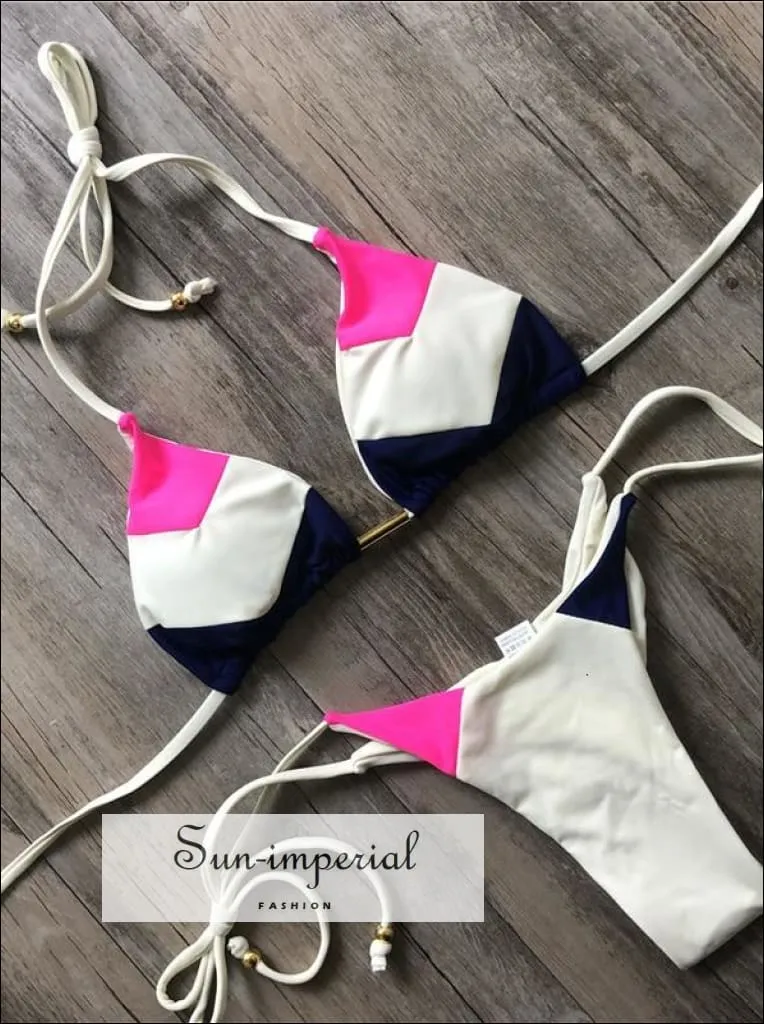 Color Block Navy White Brown Blue Bikini Set Women’s Swimming Suit Halter Drawstring Bathing Suit