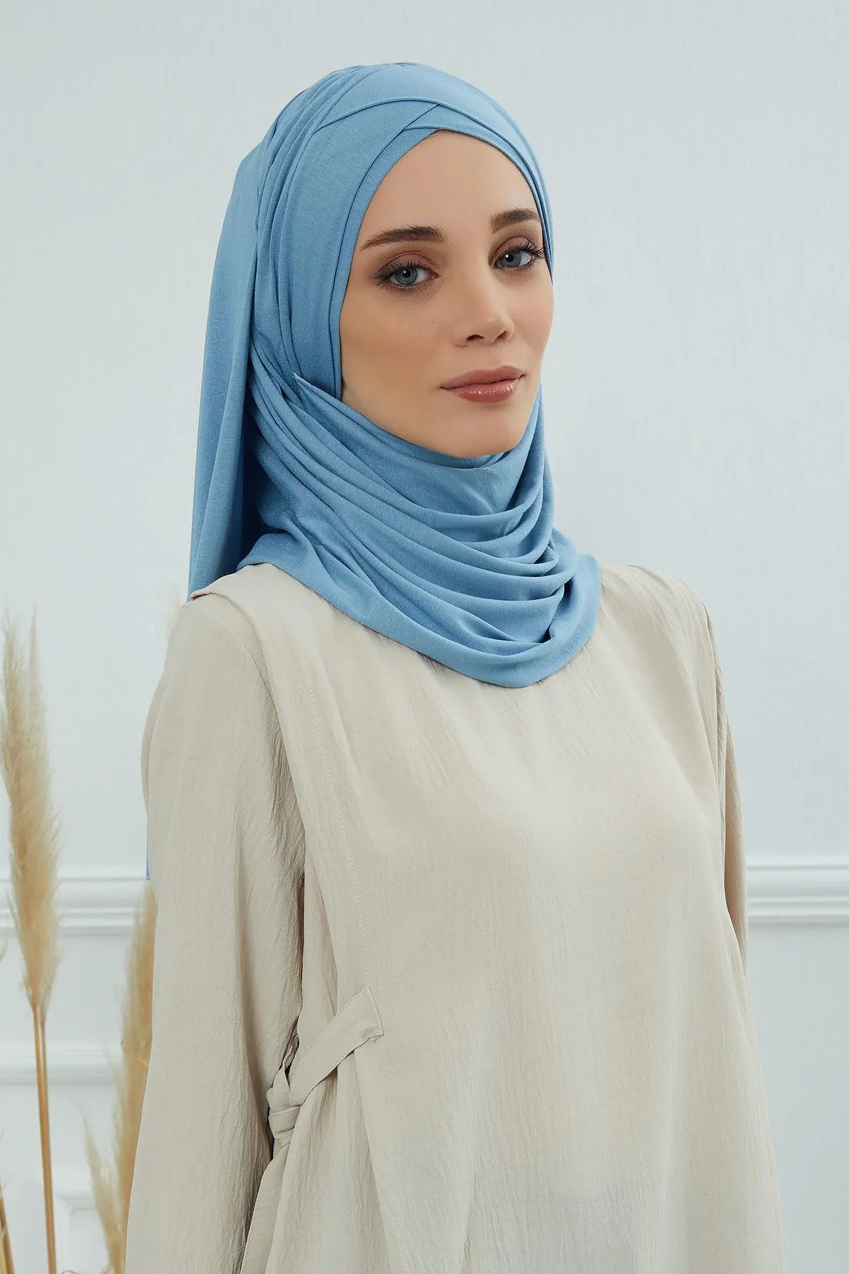 Comfortable Cross Stitched Jersey Shawl Practical Cotton Hijab for Women, Front Cross-Stitched Shirred Jersey Hijab Shawl,CPS-45