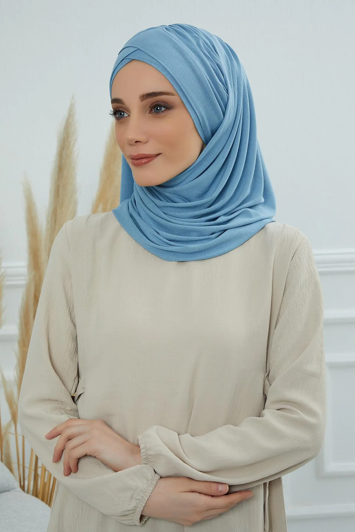 Comfortable Cross Stitched Jersey Shawl Practical Cotton Hijab for Women, Front Cross-Stitched Shirred Jersey Hijab Shawl,CPS-45