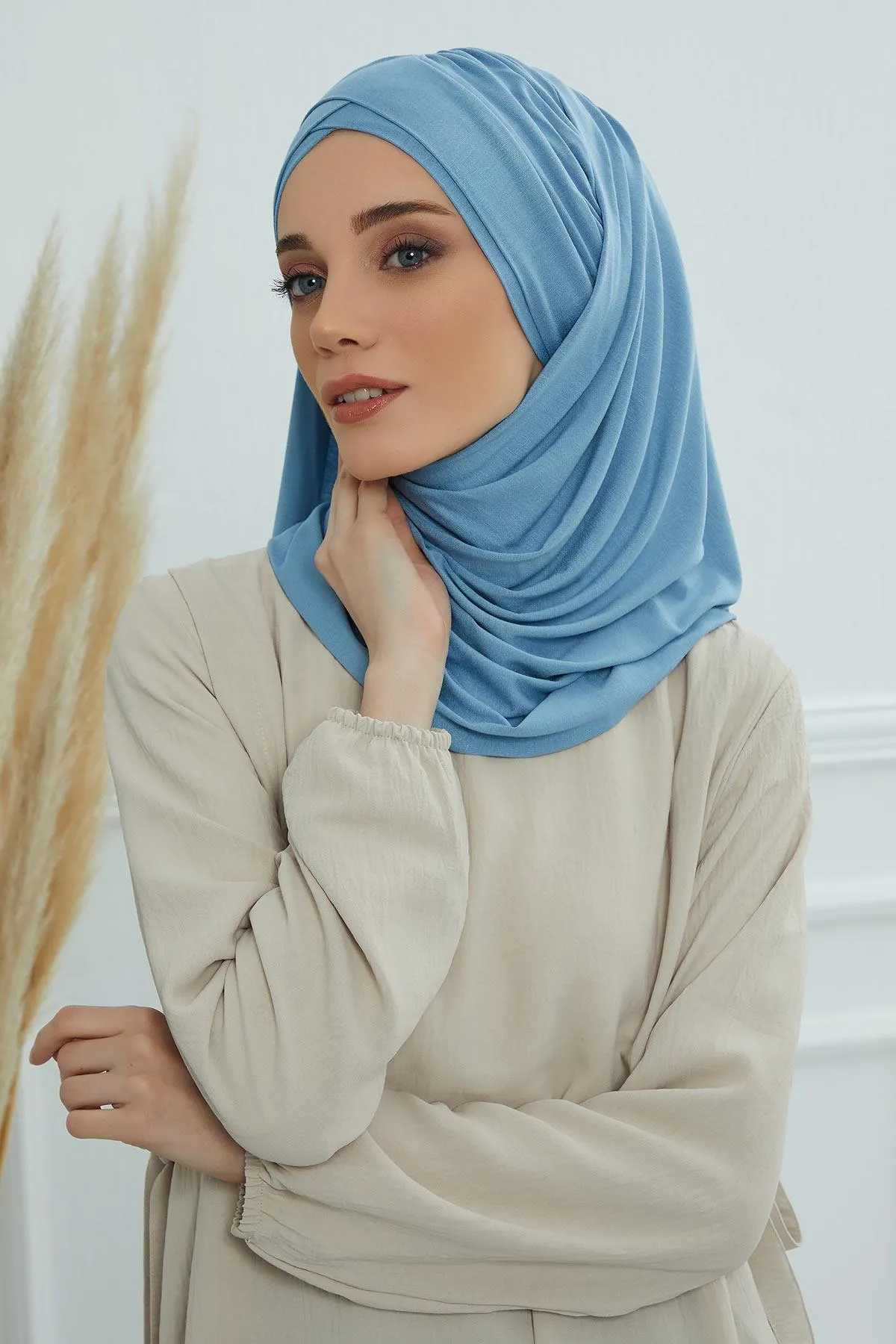 Comfortable Cross Stitched Jersey Shawl Practical Cotton Hijab for Women, Front Cross-Stitched Shirred Jersey Hijab Shawl,CPS-45