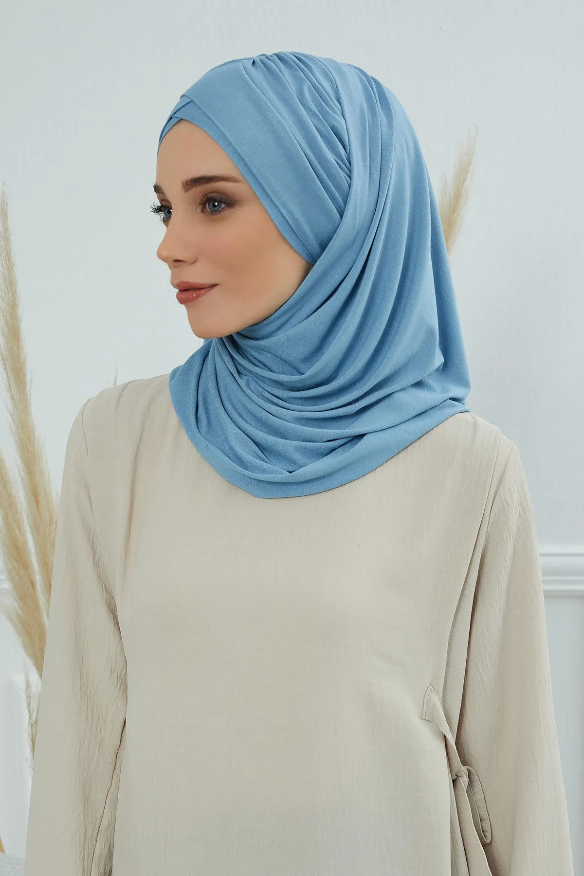 Comfortable Cross Stitched Jersey Shawl Practical Cotton Hijab for Women, Front Cross-Stitched Shirred Jersey Hijab Shawl,CPS-45