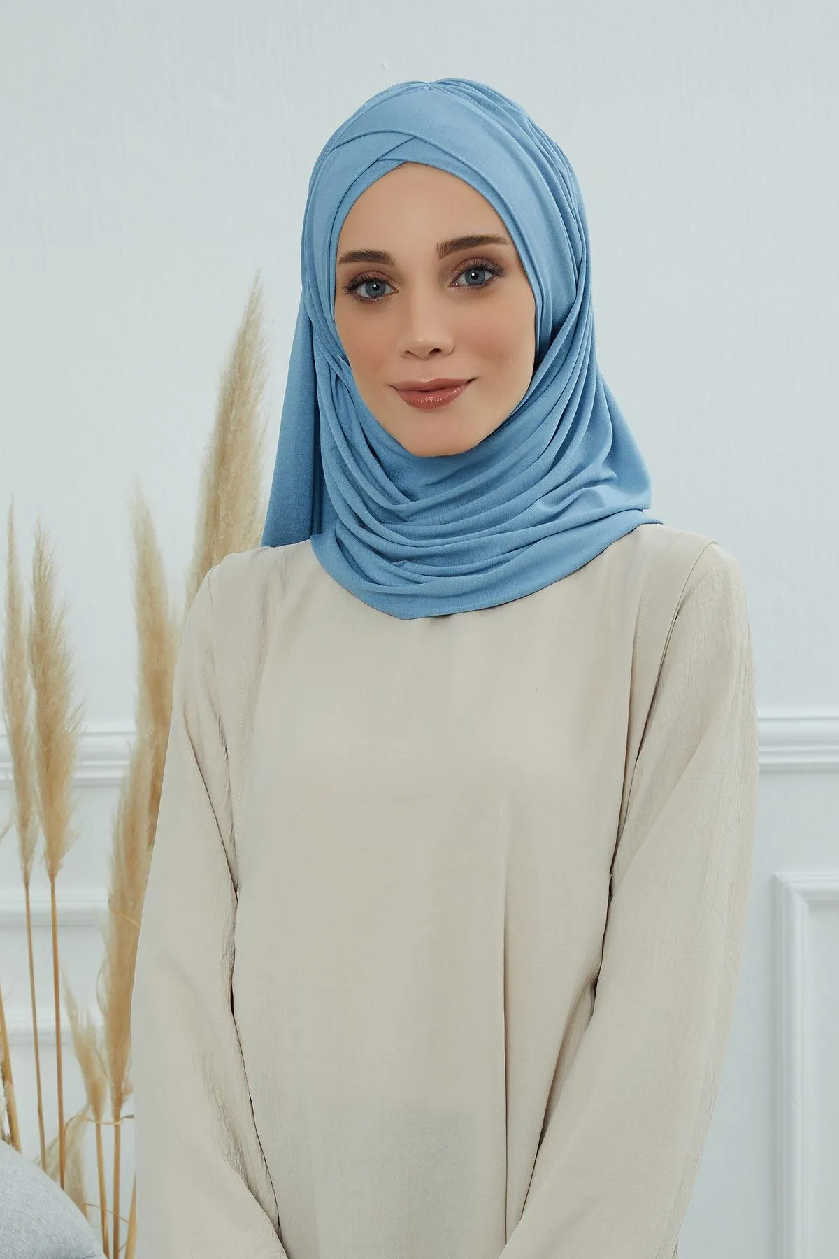 Comfortable Cross Stitched Jersey Shawl Practical Cotton Hijab for Women, Front Cross-Stitched Shirred Jersey Hijab Shawl,CPS-45