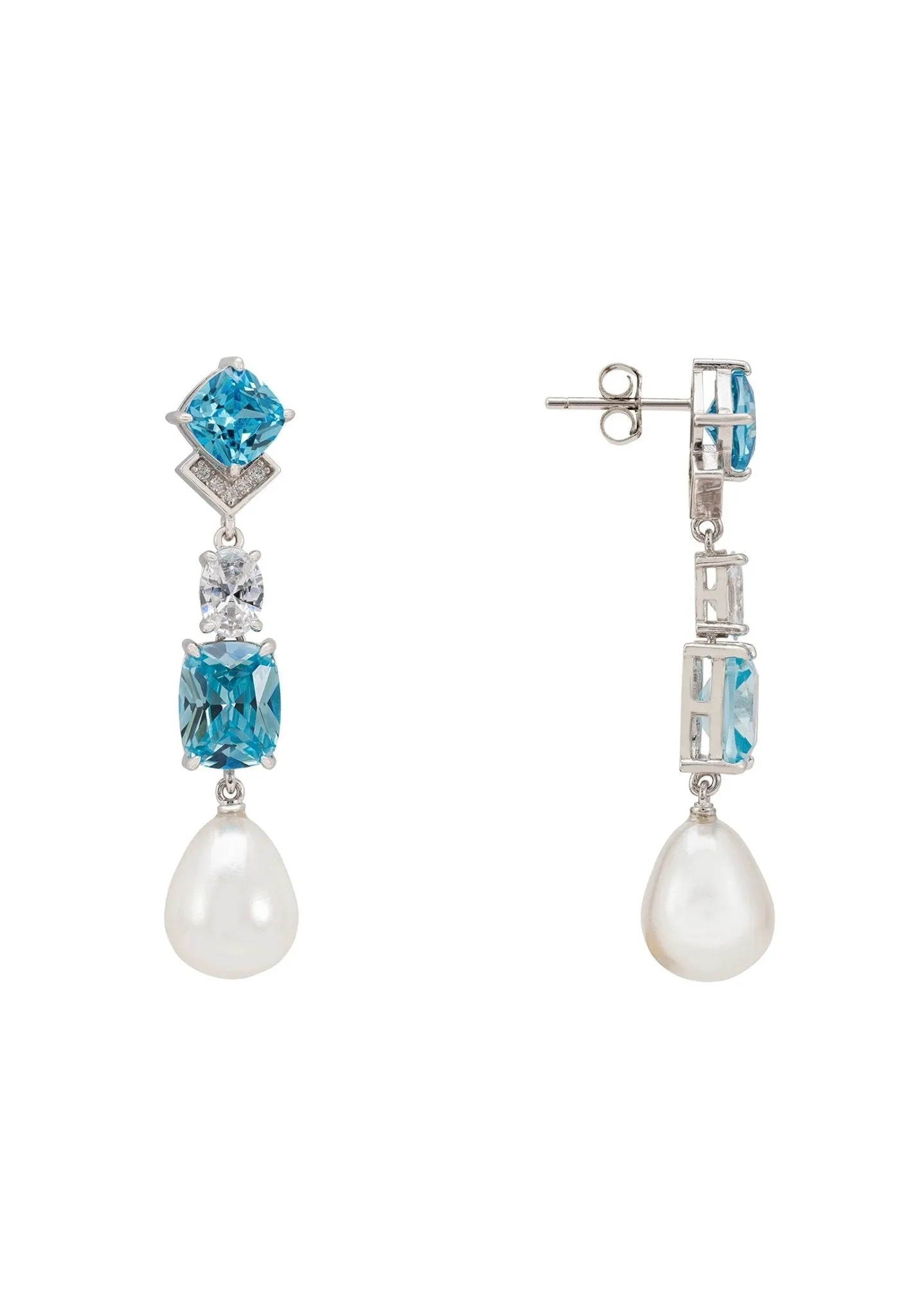 Cordelia Pearl & Blue Topaz Long Drop Earrings Silver